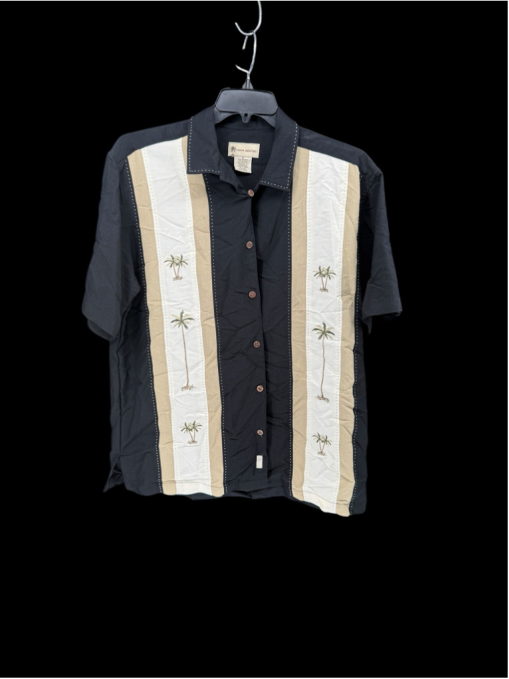 Men's Havana Jack's Cafe Casual Button Down Shirt XL Black Beige Palm Tree